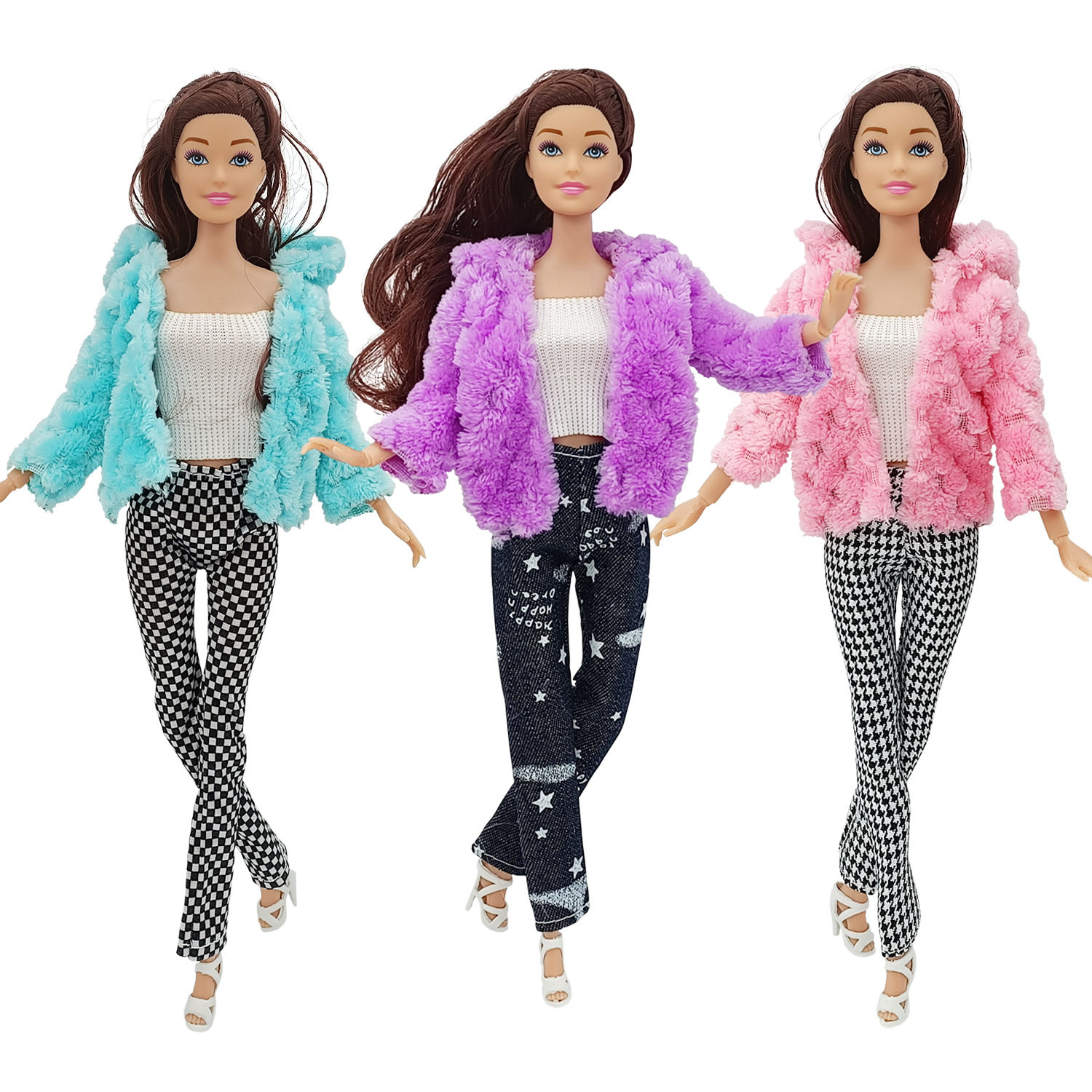 29厘米瘦芭比娃娃穿连帽绒绒衣三件套衣服 春秋休闲服裤裙子套装