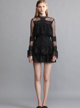 2803#女装欧美水溶蕾丝拼接透视层层蛋糕连衣裙