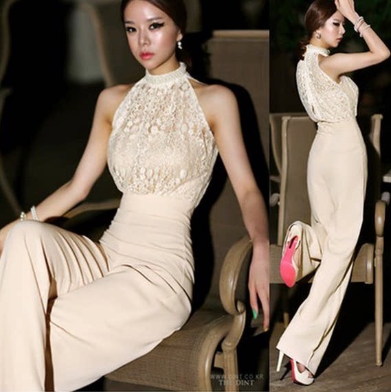 2144#挂脖蕾丝拼接雪纺阔腿连体裤