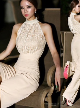 2144#挂脖蕾丝拼接雪纺阔腿连体裤