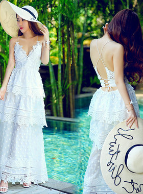 2527#春夏新款旅游度假雪纺吊带修身性感连衣裙度假波西米亚长裙