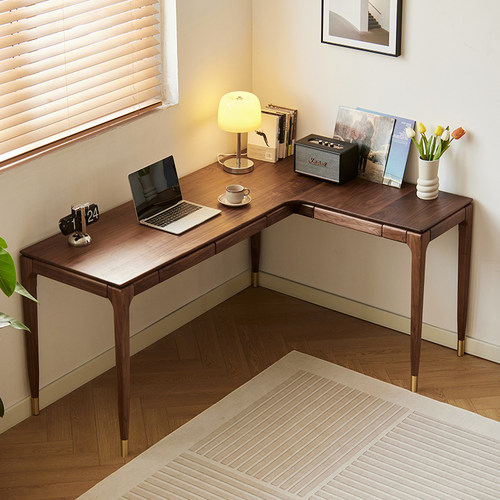 转角书桌黑胡桃木办公电脑桌北欧