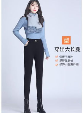 金绣媚女士驼绒高腰铅笔裤大码黑色修身长裤特厚四面弹罗马保暖裤