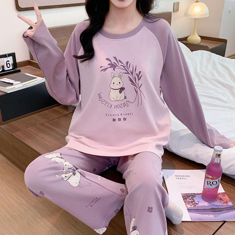 蓓蓓可睡衣女款春秋季薄款长袖圆领套头紫色卡通兔子家居服两件套