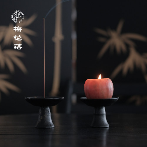 梅花落木胎大漆高足香插烛台