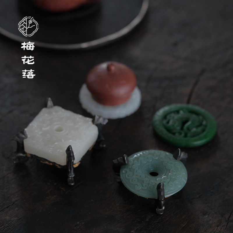 梅花落仿古龙纹包锡盖置琉璃玉石茶托壶托圆形紫砂壶盖托茶道配件