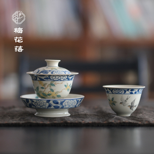 梅花落景德镇手绘青花斗彩秋桂飞燕盖碗主人杯茶杯泡茶碗望野生香