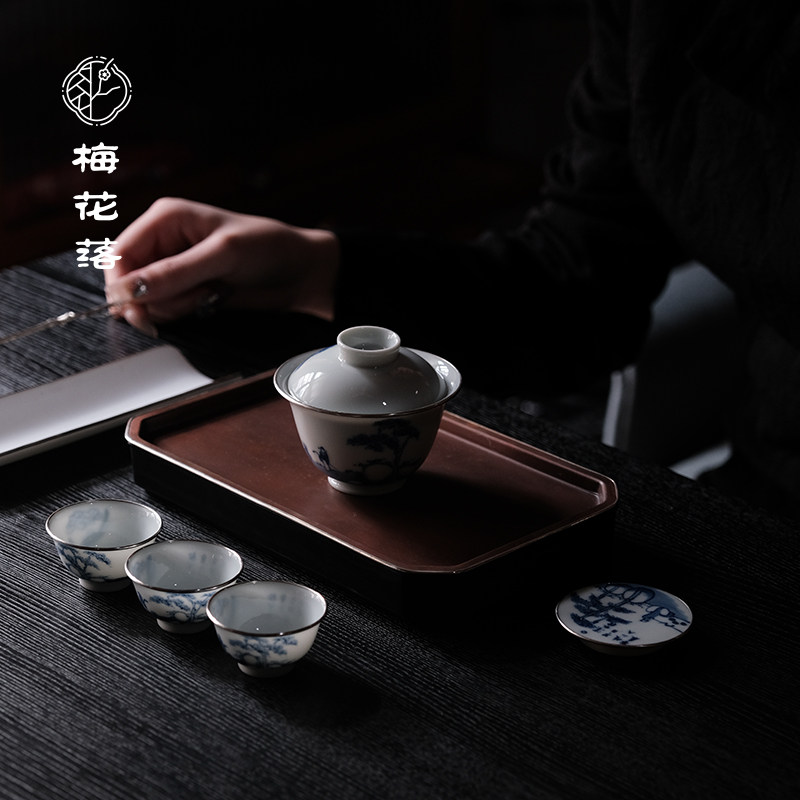 梅花落柴窑手绘青花盖碗包银口山水人物茶杯明清窑若深茶杯清物堂
