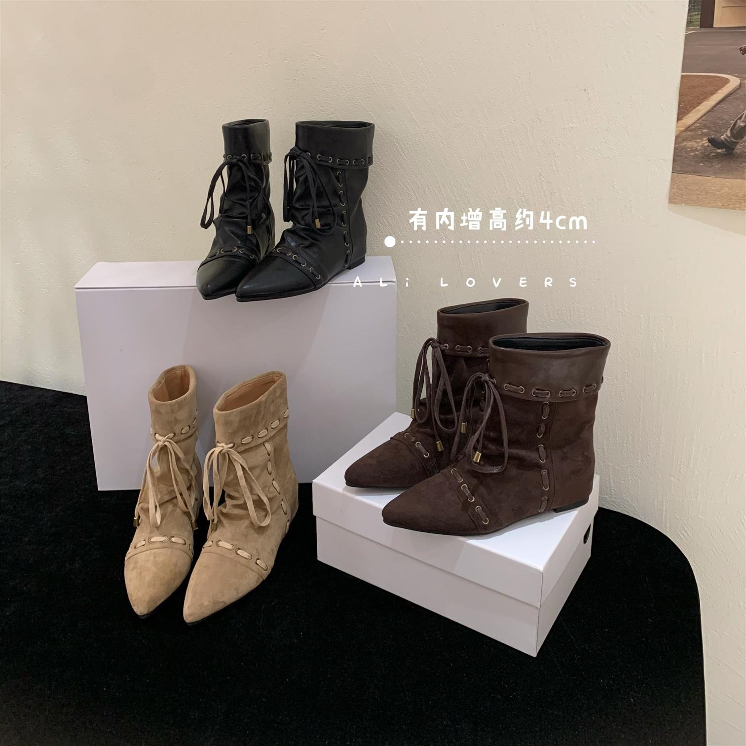 欧美复古尖头绑带短靴女鞋冬季编织带内增高瘦瘦靴磨砂真皮时装靴