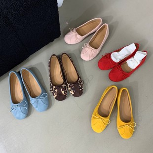 豹纹奶奶一脚蹬晚晚鞋 森女平底芭蕾舞鞋 复古风蝴蝶结浅口单鞋 法式