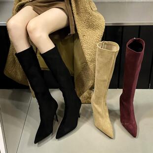 磨砂真皮性感风尖头细跟高跟鞋不过膝长靴女显瘦百搭弹力靴瘦瘦靴