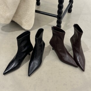 尖头细跟5CM中跟短靴女秋冬新款高级感显瘦瘦靴气质女短筒高跟靴