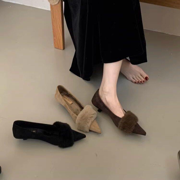 法式尖头细跟通勤一脚蹬棉单鞋