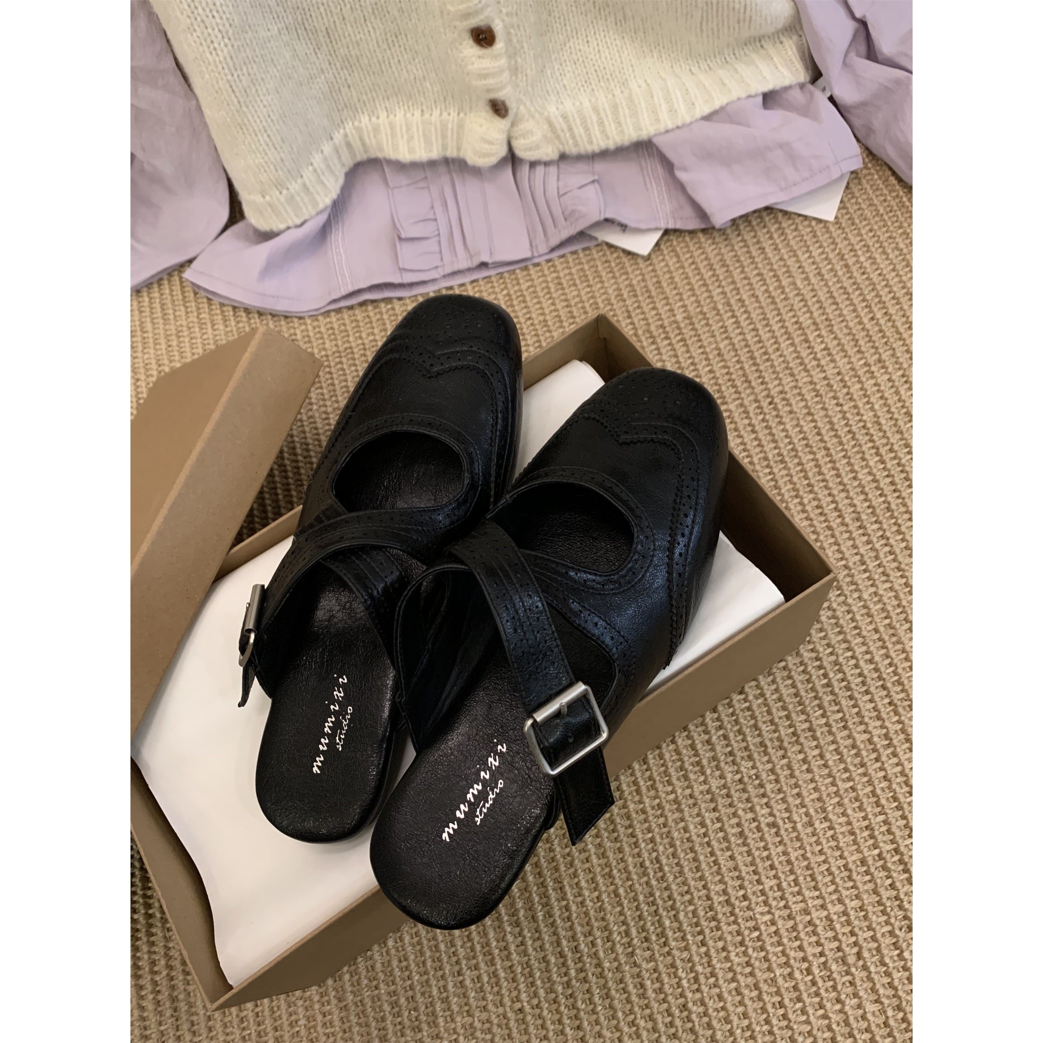 复古风包头拖鞋女平底一脚蹬懒人鞋真皮豆豆鞋黑色雕花半拖鞋耐磨,女鞋,包头拖,淘宝优惠券,粉丝福利购,淘宝优惠卷