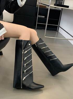 欧美风尖头长靴女冬季金属