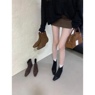 法式复古风方头内增高短靴女秋冬弹力靴瘦瘦靴及裸靴拼接磨砂真皮