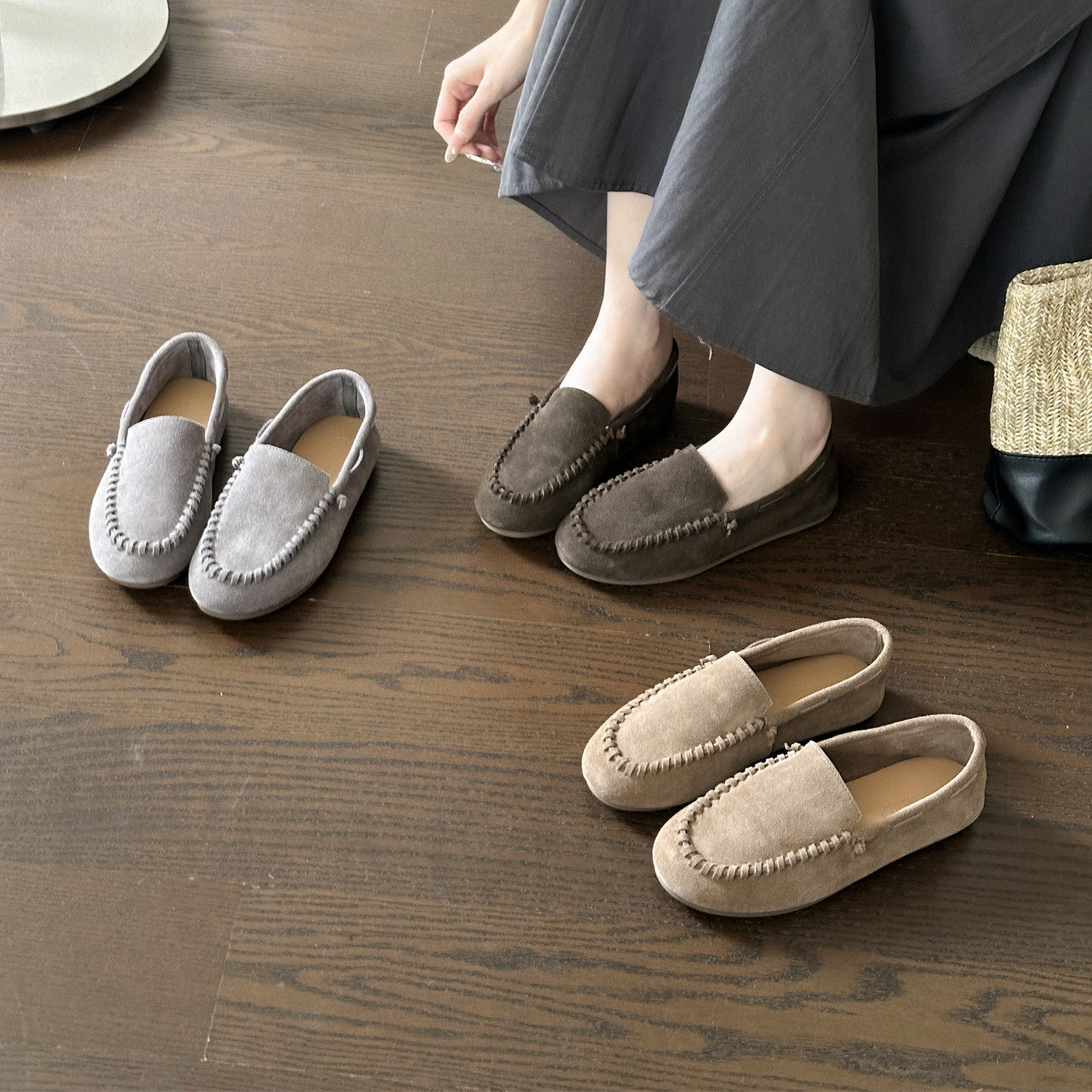 真皮复古风反绒皮乐福鞋女一脚蹬豆豆鞋百搭软底休闲懒人中口单鞋,女鞋,乐福鞋（豆豆鞋）,淘宝优惠券,粉丝福利购,淘宝优惠卷