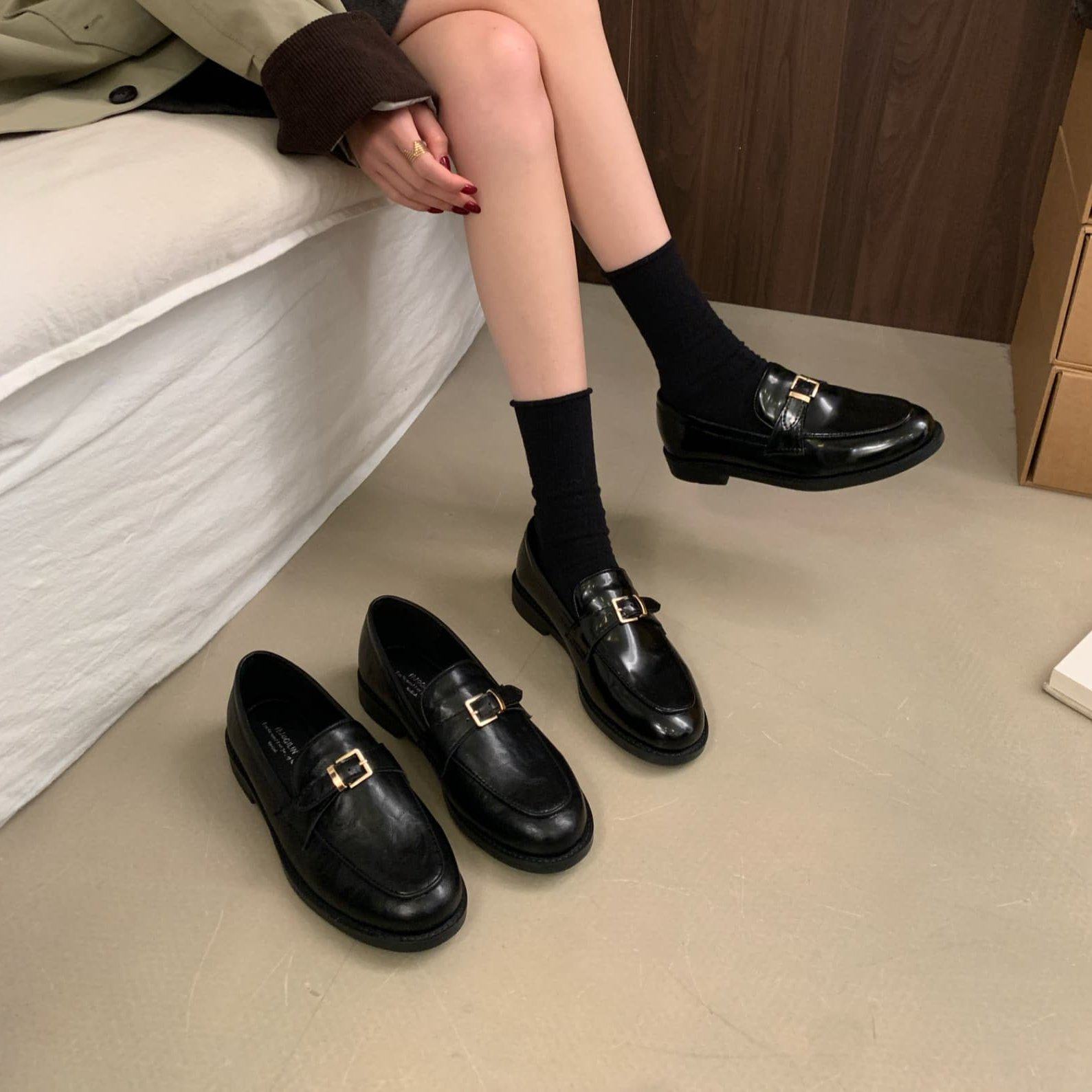 英伦风乐福鞋女皮带扣一脚蹬JK小皮鞋复古平底软底中口单鞋通勤鞋,女鞋,乐福鞋（豆豆鞋）,淘宝优惠券,粉丝福利购,淘宝优惠卷