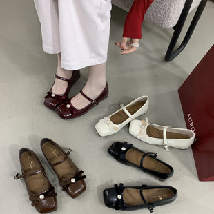 森女方头蝴蝶结一字带小香风珍珠浅口单鞋 法式 复古内增高玛丽珍鞋