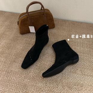 法式复古风方头短靴女冬季绒面瘦瘦靴百搭弹力靴粗低跟编织时装靴