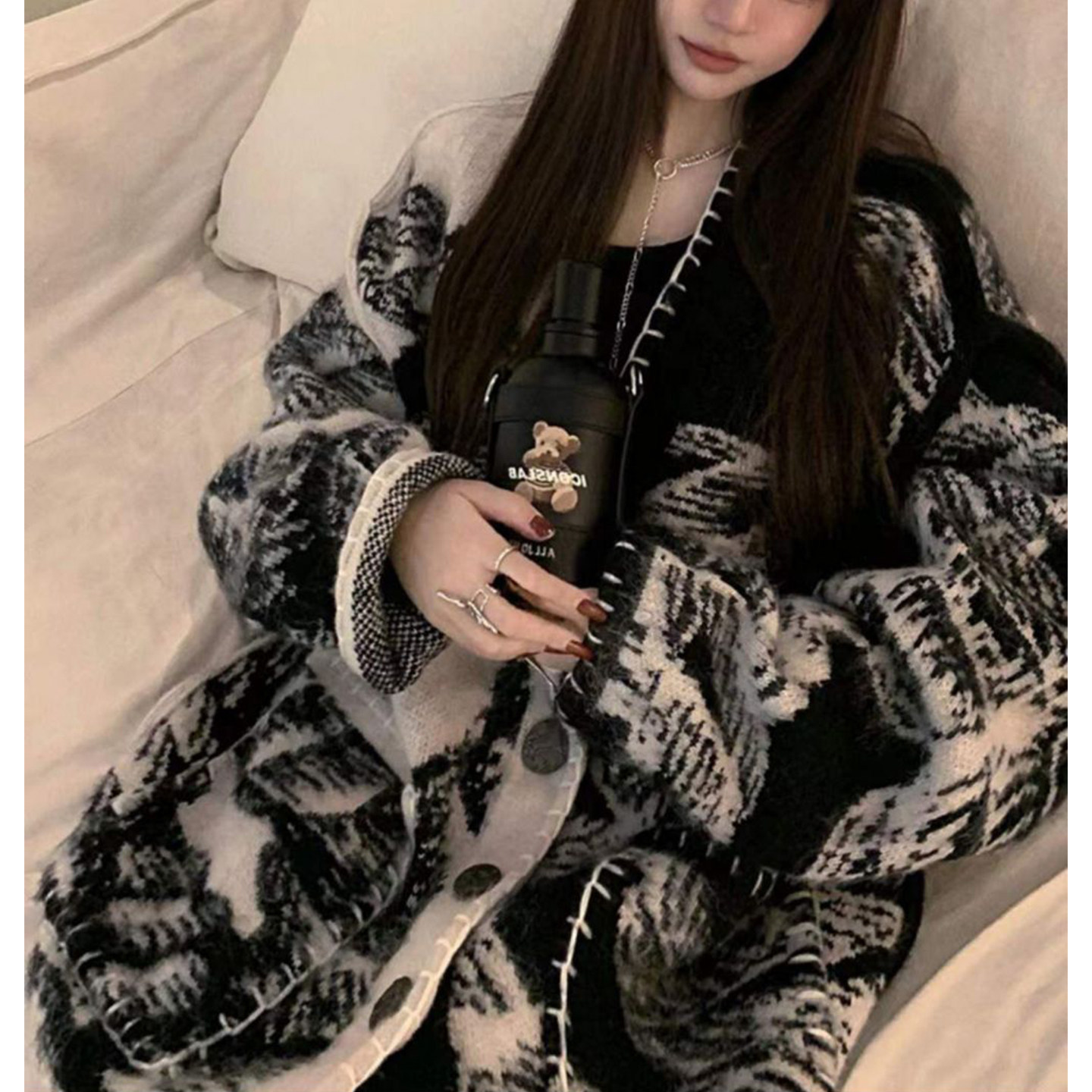 Bonheur韩系复古毛衣女法式慵懒风外套复古图腾宽松外穿针织开衫