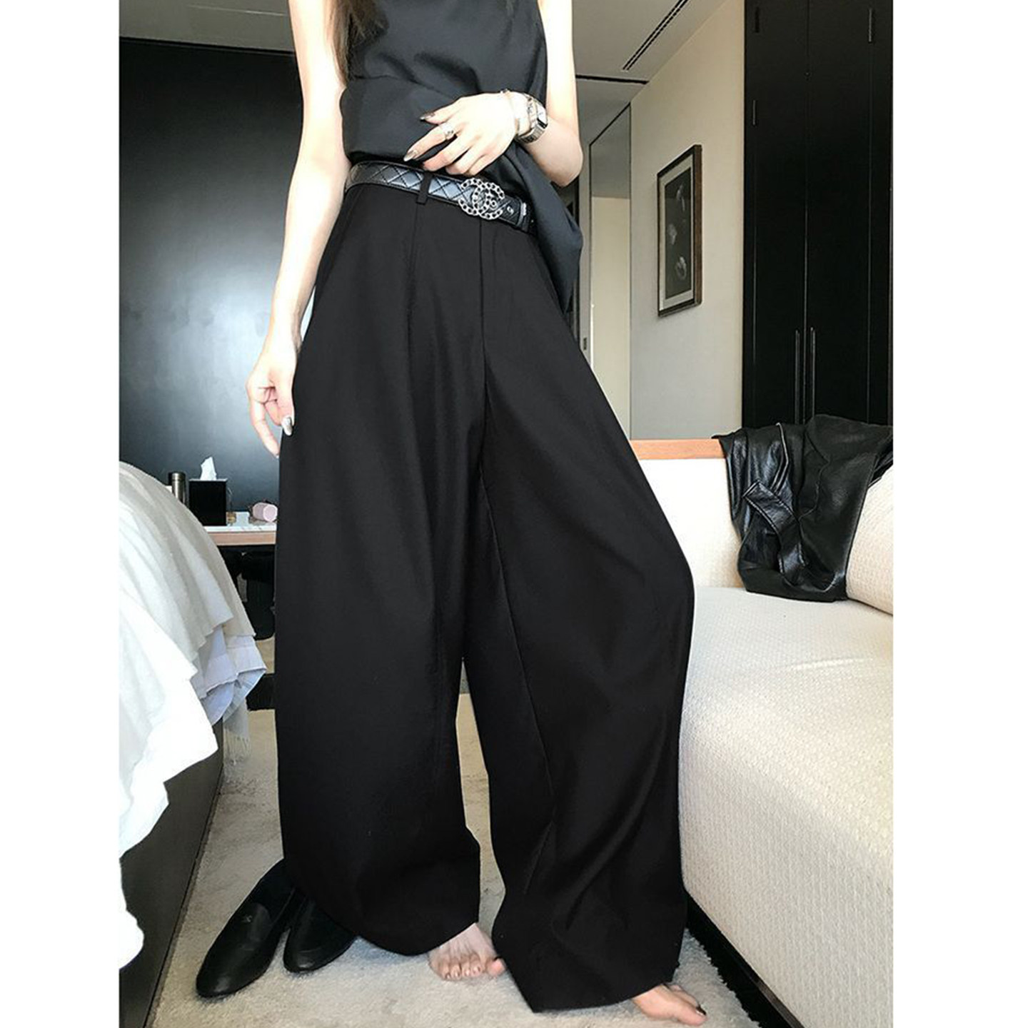 Bonheur韩系复古西装裤女休闲裤垂感老钱风高腰宽松显瘦气球裤