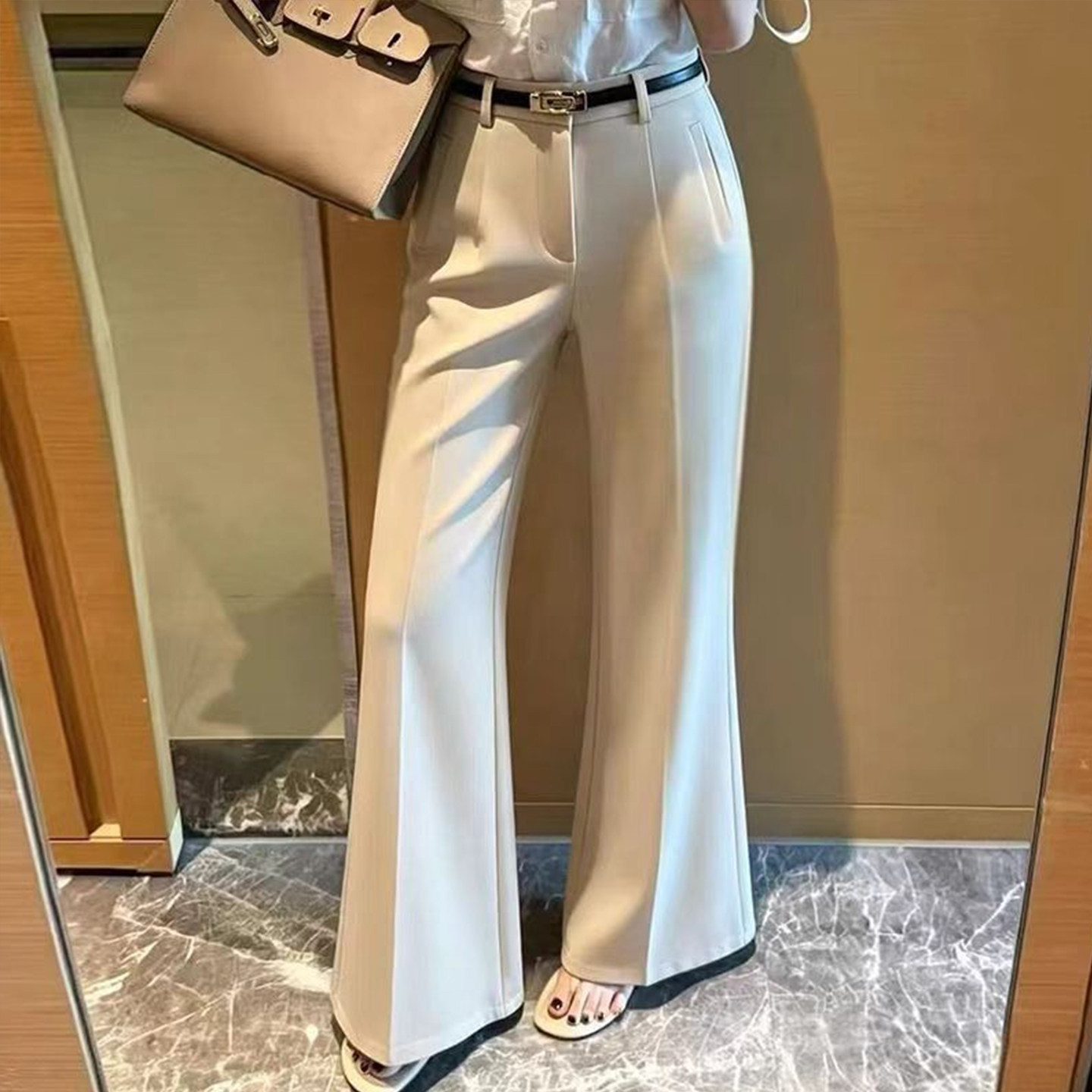 Bonheur韩系复古西装裤女喇叭裤高腰显老钱风直筒微喇长裤西裤