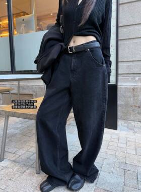 Bonheur黑色牛仔裤女宽松直筒2026春新款水洗做旧显瘦高腰休闲裤