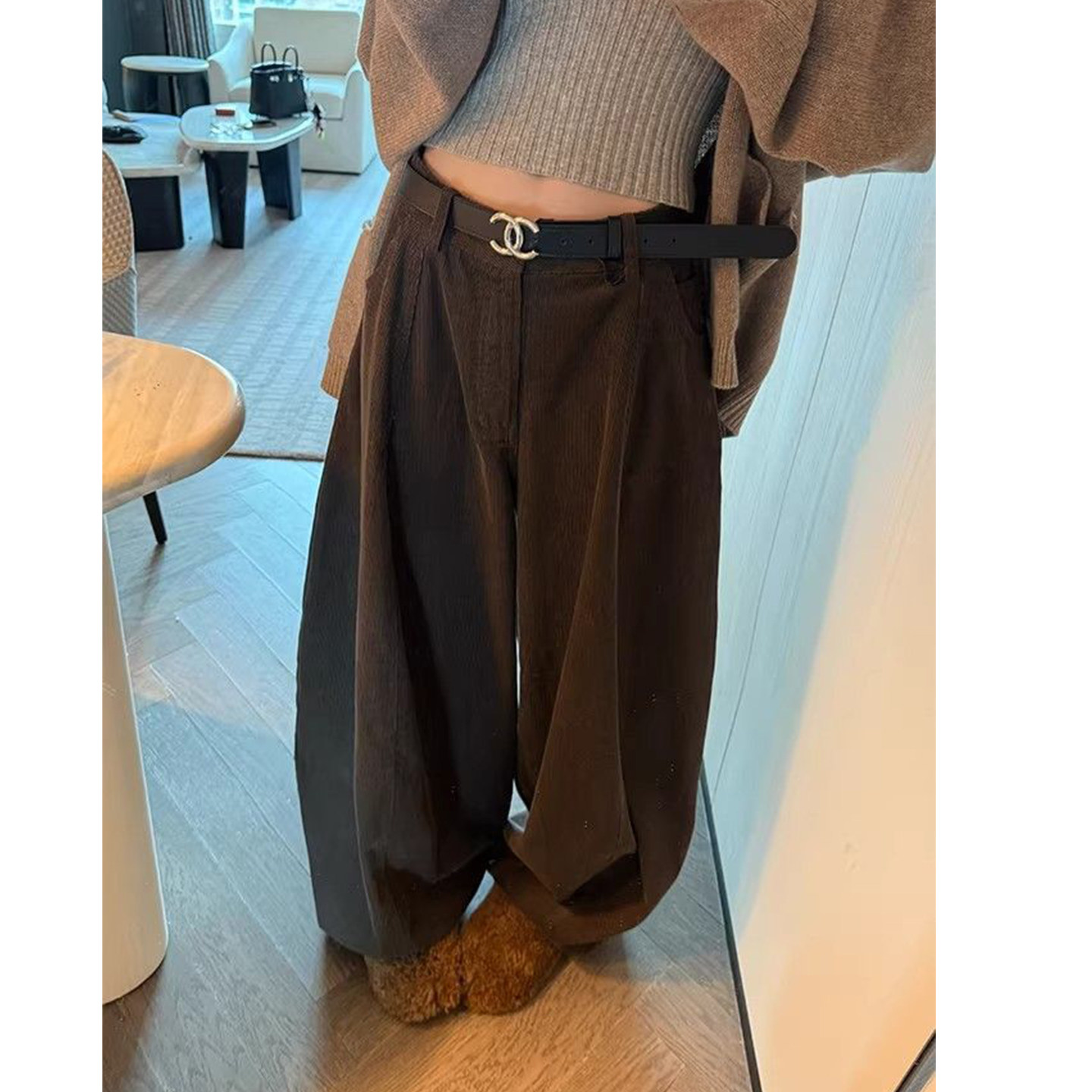 Bonheur韩式复古灯芯绒裤女宽松慵懒风休闲阔腿裤直筒休闲裤长裤