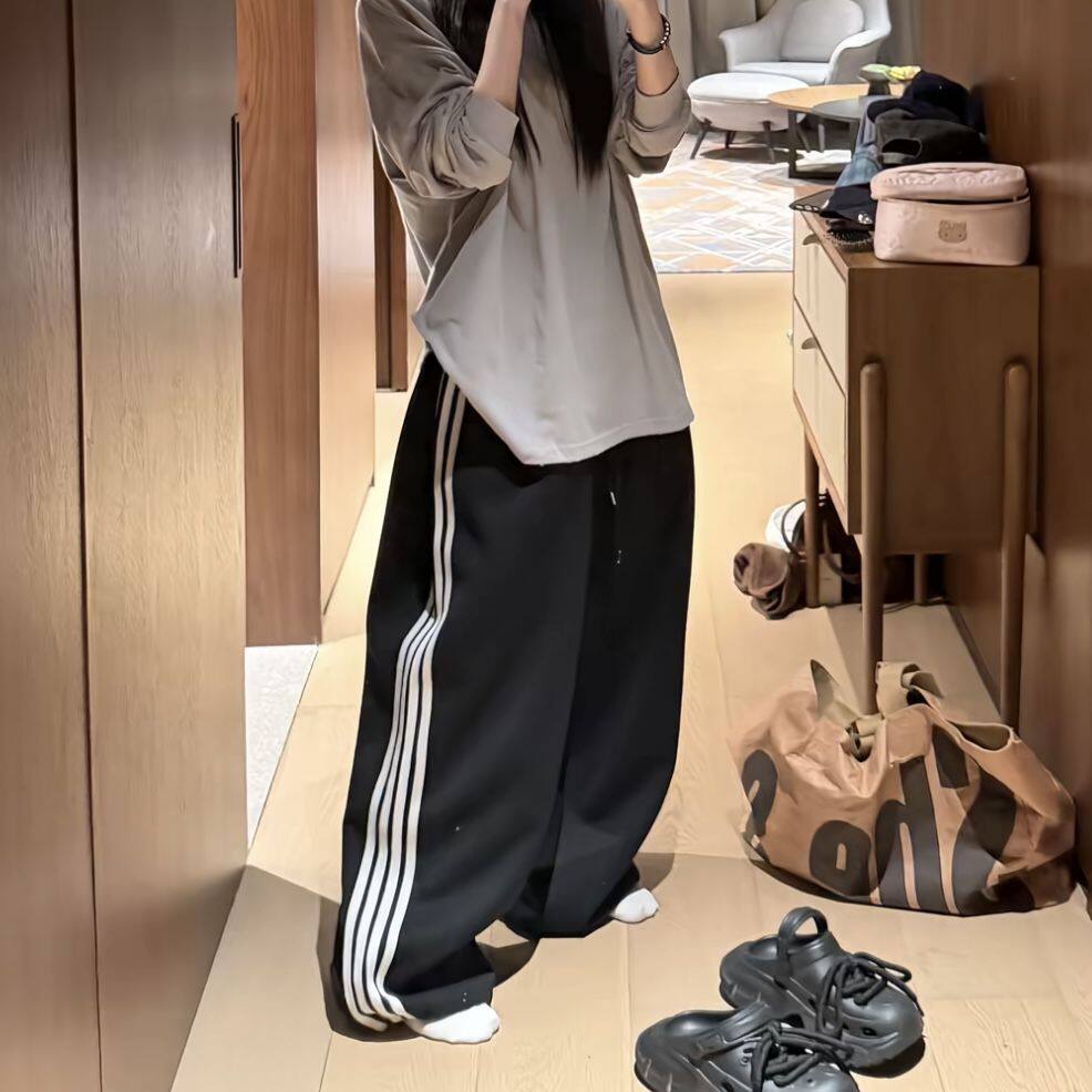 Bonheur韩系复古卫裤女四道杠撞色拉条休闲宽松织带长裤运动裤