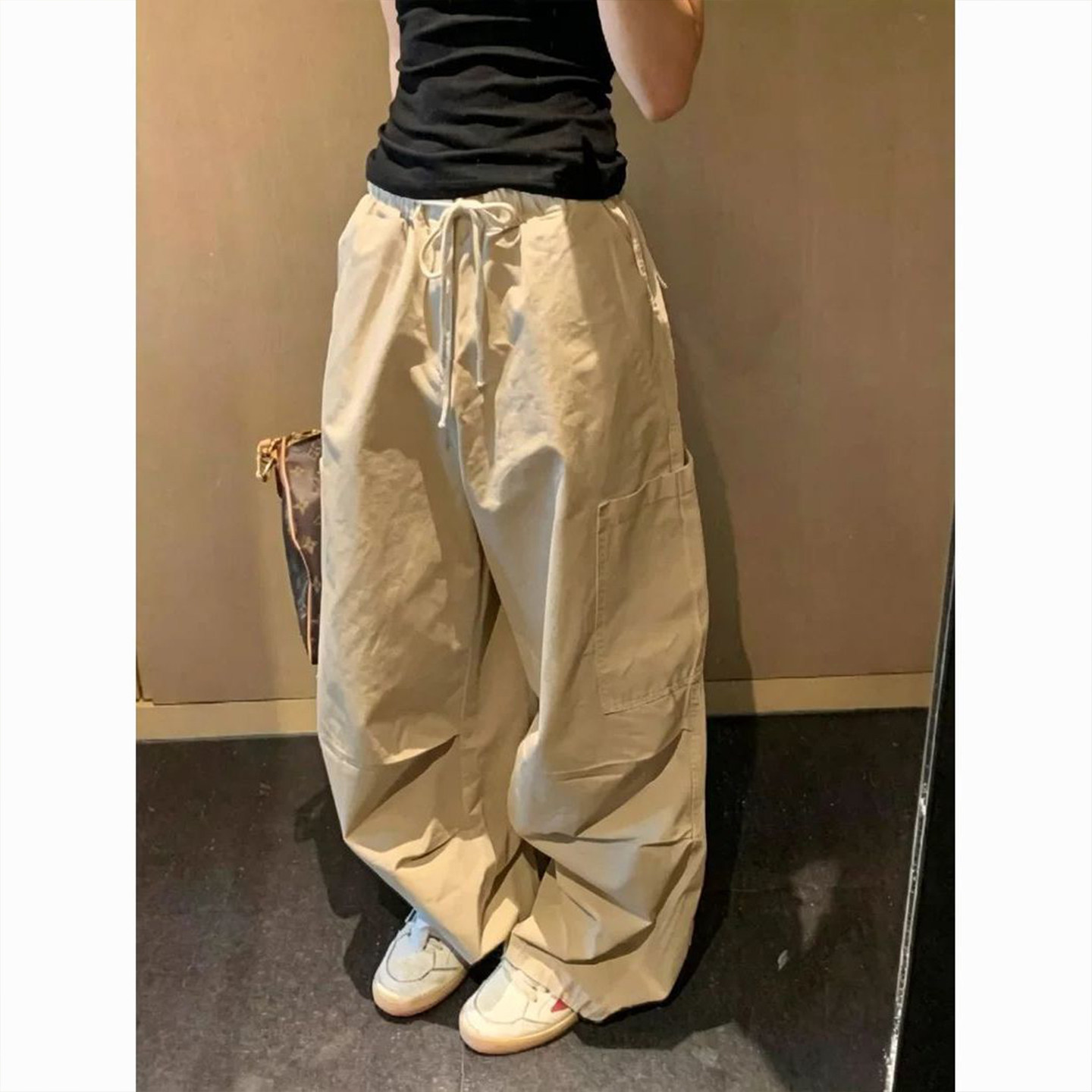 Bonheur韩系复古松紧腰工装裤女抽绳阔腿裤卡其色垂感宽松休闲裤