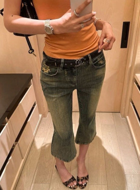 Bonheur美式复古牛仔七分裤女夏休闲高腰百搭包臀修身显瘦中裤