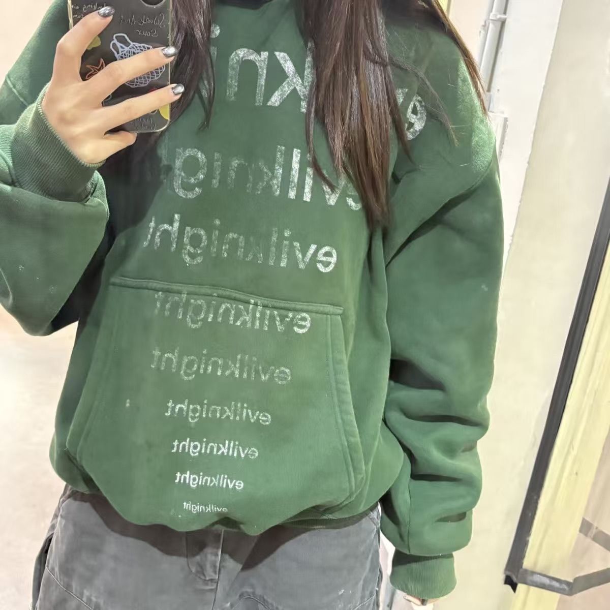 Bonheur韩系复古绿色连帽卫衣女斑驳字母印花加厚加绒宽松上衣