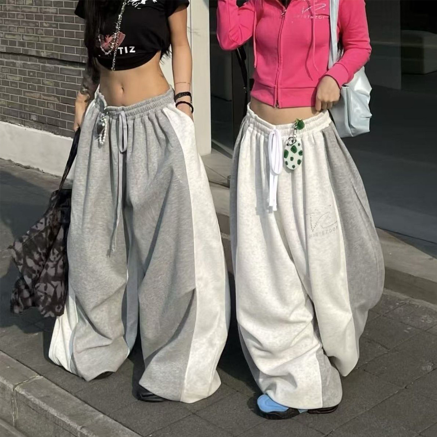 Bonheur韩系复古卫裤女拼色宽松慵懒休闲拼接运动裤爵士街舞长裤