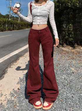 Bonheur美式复古红色牛仔裤女2026春修身显瘦低腰微喇裤拖地裤