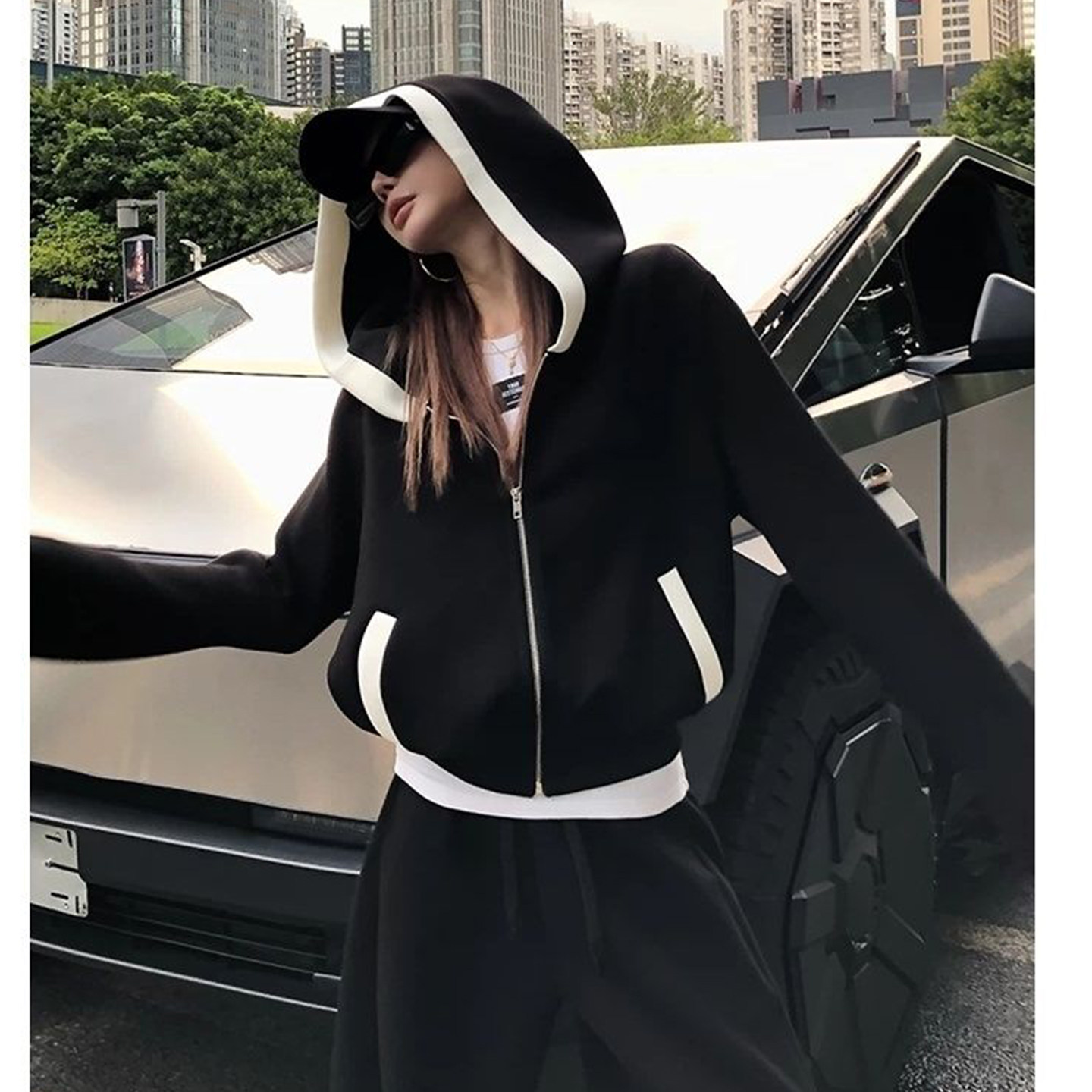 Bonheur 韩系复古卫衣外套女连帽拼接宽松韩版学院风撞色质感开衫