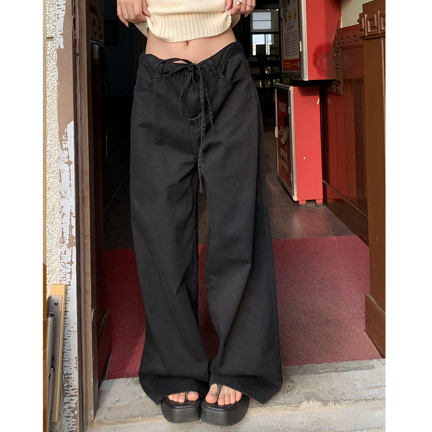 Bonheur黑色牛仔裤女2026早春新款抽绳慵懒风宽松直筒长裤休闲裤