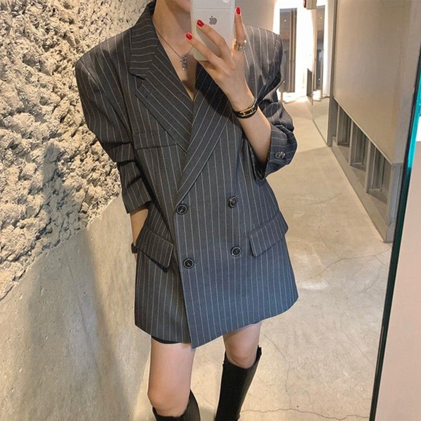 Bonheur 韩系复古条纹西装外套女修身通勤新款chic气质双排扣西服