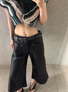 Bonheur美式复古皮裤女七分裤2026年新款高腰宽松休闲阔腿中裤
