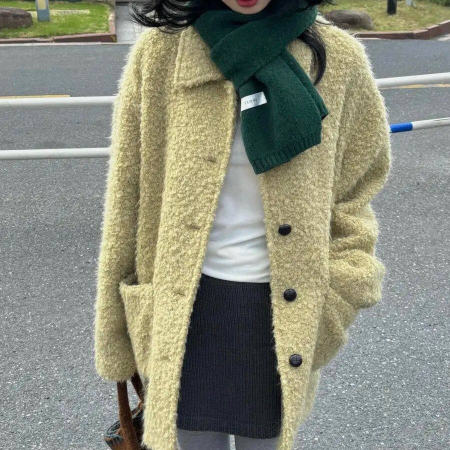 Bonheur韩系复古毛毛外套女保暖圈圈呢子大口袋加棉宽松显瘦大衣