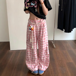 Bonheur多巴胺粉色格子裤女2026夏薄款新款宽松百搭弯刀休闲裤