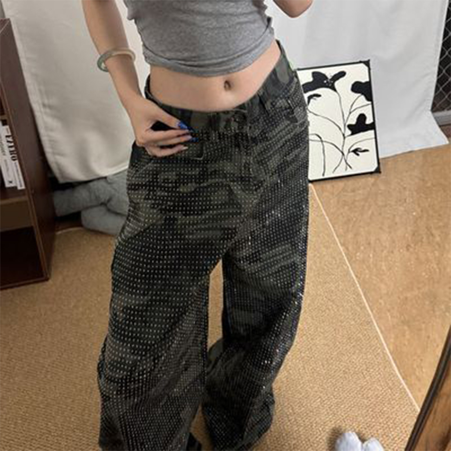 Bonheur 美式重工烫钻迷彩裤女设计感宽松显瘦百搭直筒弯刀牛仔裤