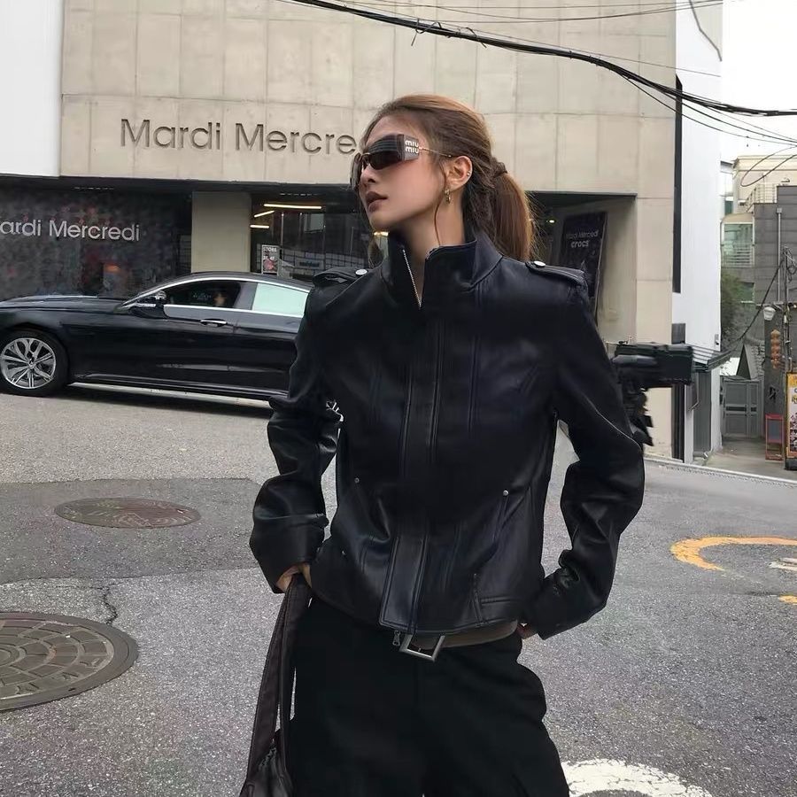 Bonheur 韩系复古黑色皮衣外套女春秋新款宽松百搭立领机车皮夹克