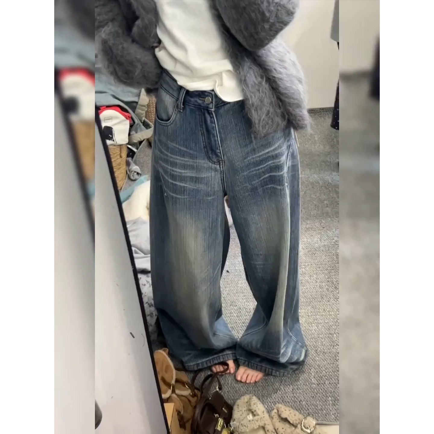 Bonheur美式高街牛仔裤女宽松bf慵懒风水洗折痕磨白休闲拖地长裤