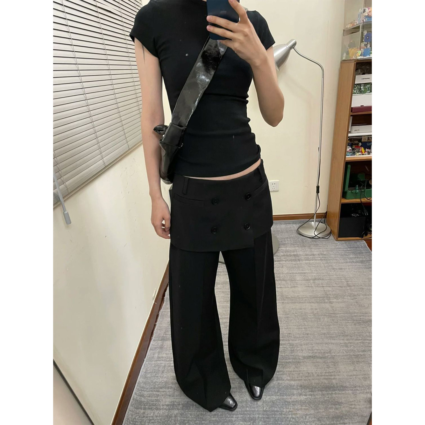 Bonheur韩系复古西裤女设计感假两件西装裤微喇显瘦围裙裤休闲裤