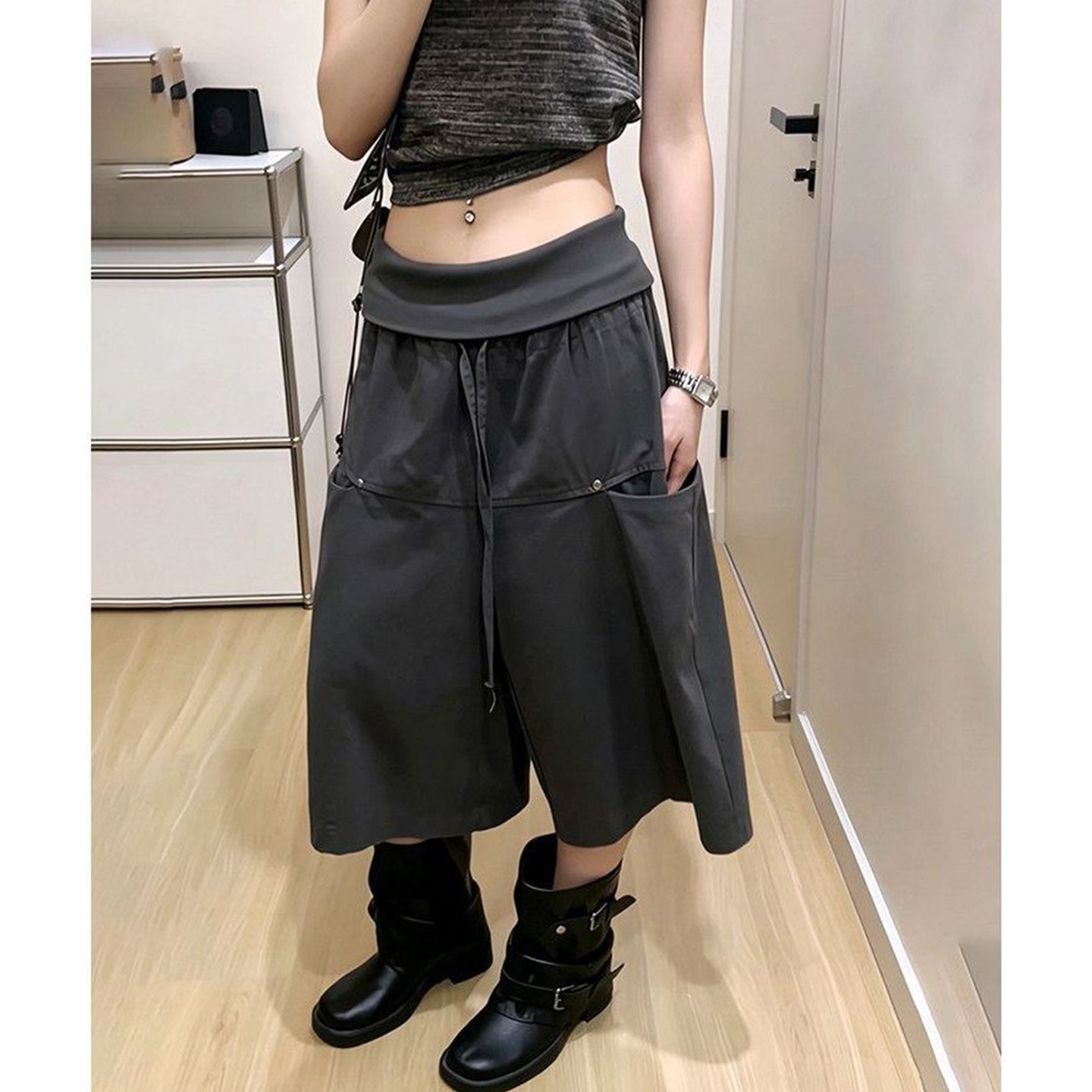 Bonheur美式复古七分裤女夏高腰阔腿工装裤时尚休闲大口袋宽松裤