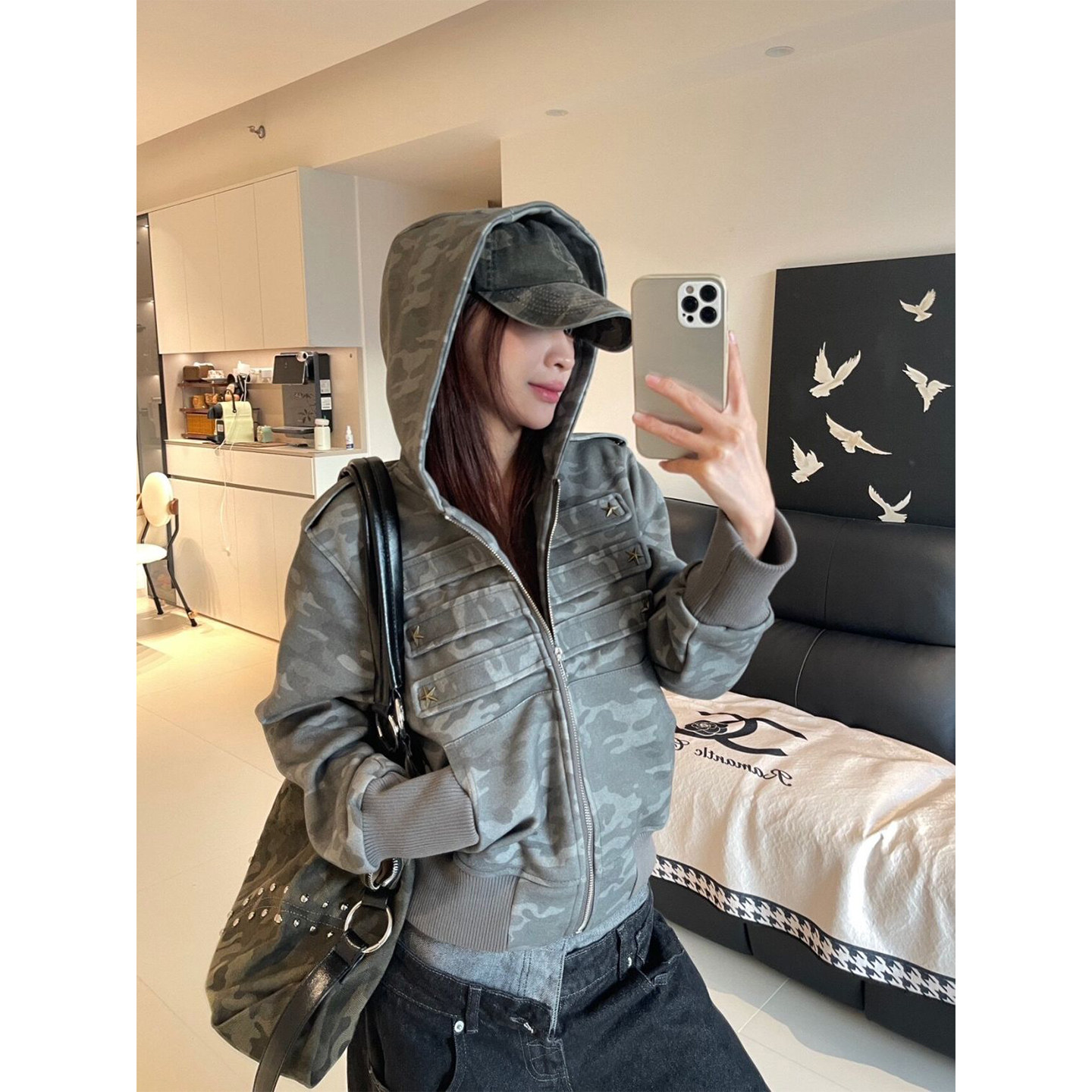 Bonheur 韩系复古迷彩外套女连帽短款拿破仑宫廷风拉链开衫卫衣