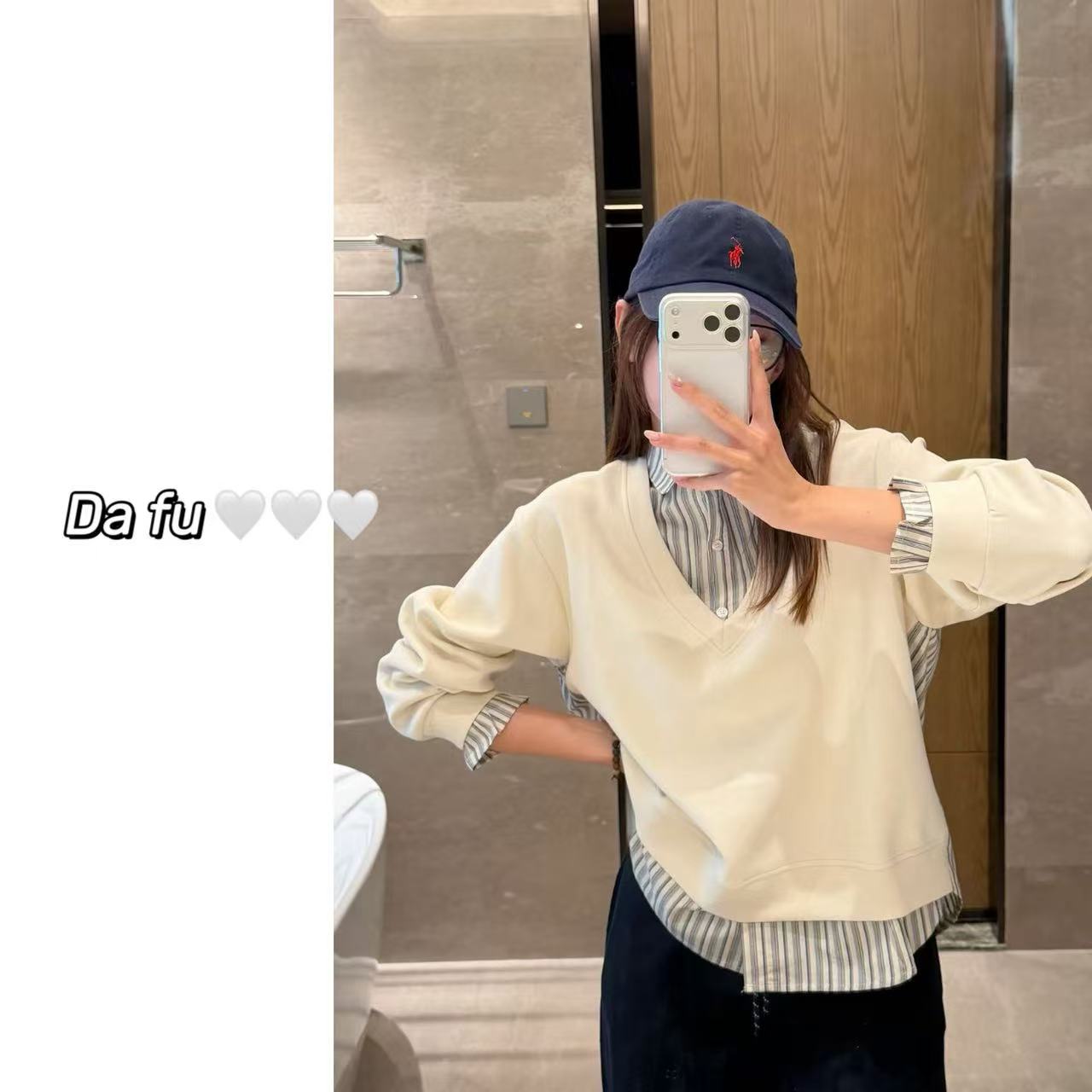 [大福Dafu]-错落层次感 假两件卫衣女条纹拼接宽松撞色设计感上衣