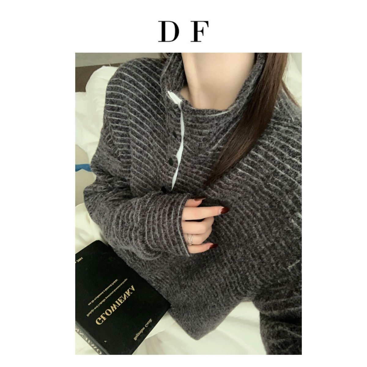 [大福Dafu]-芝麻酥酥绒 立领系扣条纹半高领显瘦宽松绒感卫衣冬