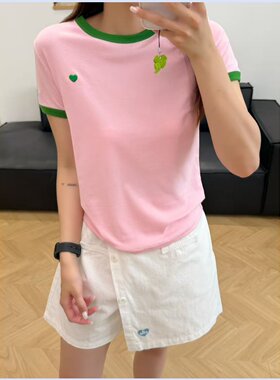 [大福Dafu]-蜜桃轻氧 多巴胺撞色圆领短袖T恤女爱心刺绣休闲上衣